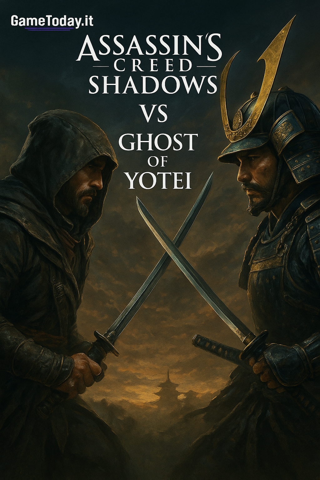 Confronto tra Assassin’s Creed Shadows e Ghost of Yotei su PS5, immagine cinematografica con samurai e assassino in posa