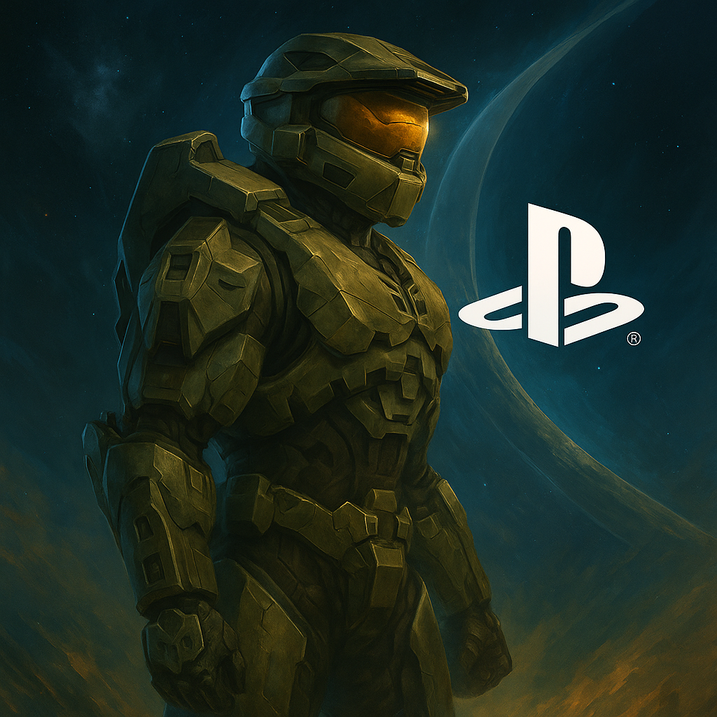Master Chief con armatura verde in posa epica davanti al logo PS5, arte cinematografica per Halo Campaign Evolved Remake