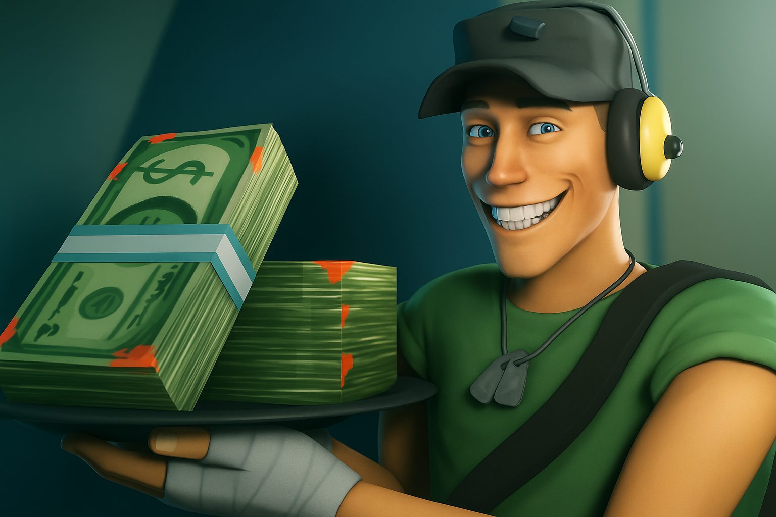 Personaggio in stile videogioco che tiene in mano pile di soldi, simbolo dei profitti digitali e del dibattito sui prezzi dei videogiochi