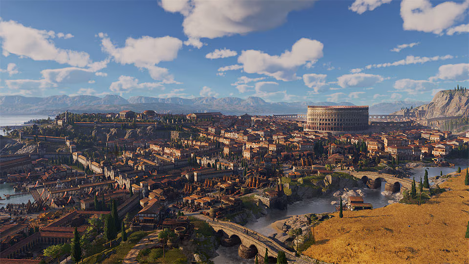 Vista dall'alto di una città romana in costruzione in Anno 117 Pax Romana