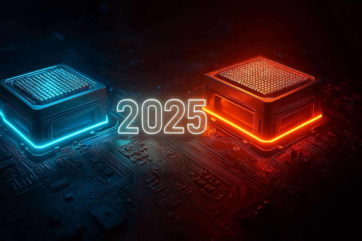 Confronto diretto tra i migliori processori gaming del 2025: Intel Core Ultra (blu) vs AMD Ryzen 9000 (rosso) su scheda madre high-tech.