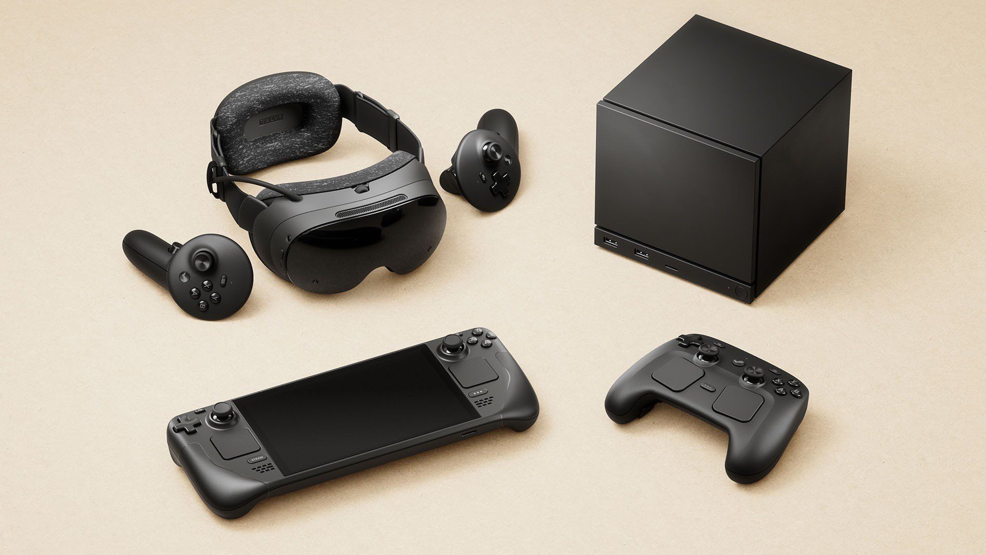 L'intero ecosistema hardware di Valve 2025: Steam Frame (visore VR), Steam Machine (console da salotto), Steam Deck (portatile) e nuovo Steam Controller