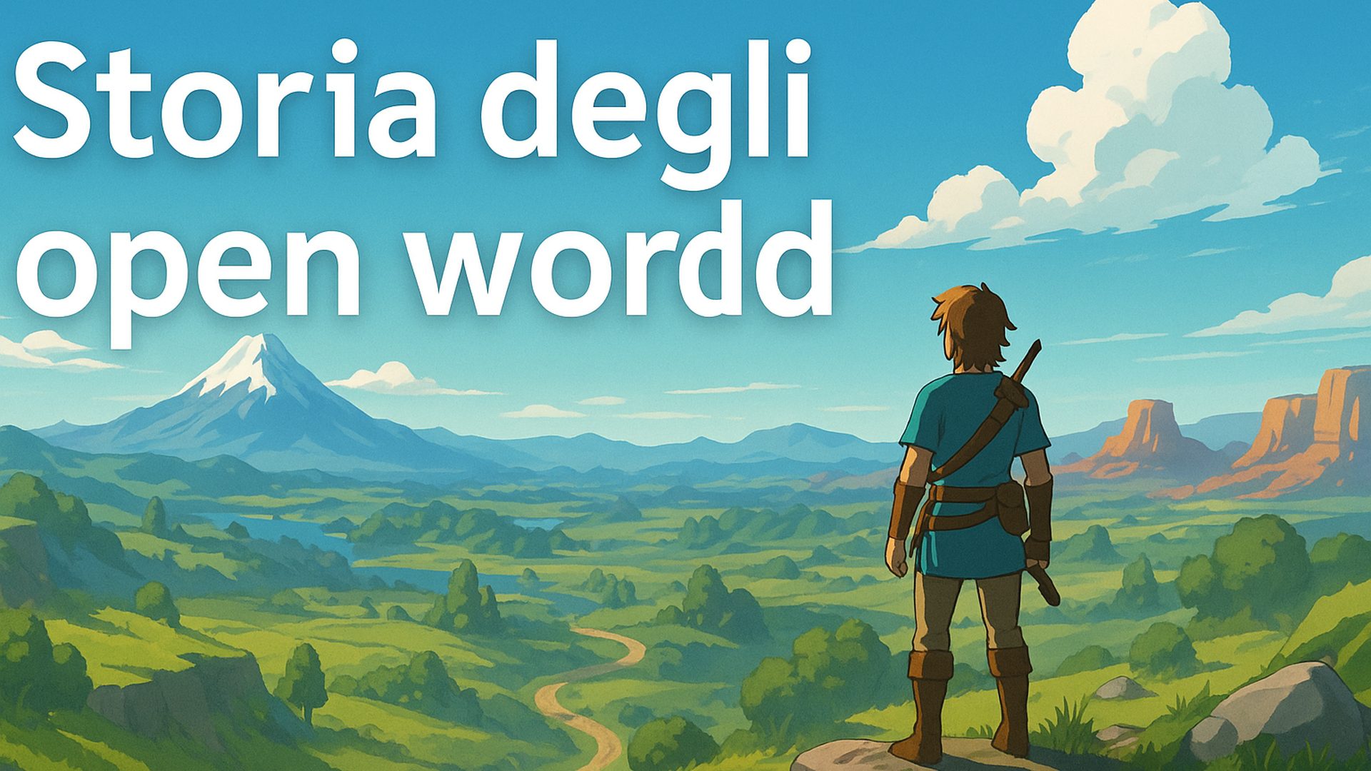 Personaggio che osserva un grande mondo di gioco open world con paesaggi diversi
